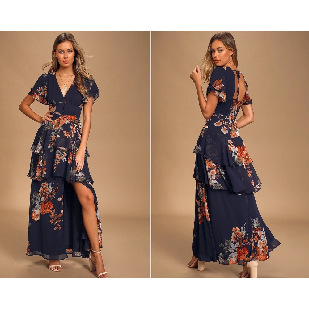 Lulus Midnight Mood Navy Blue Floral Print Tiered Maxi Dress Size Medium